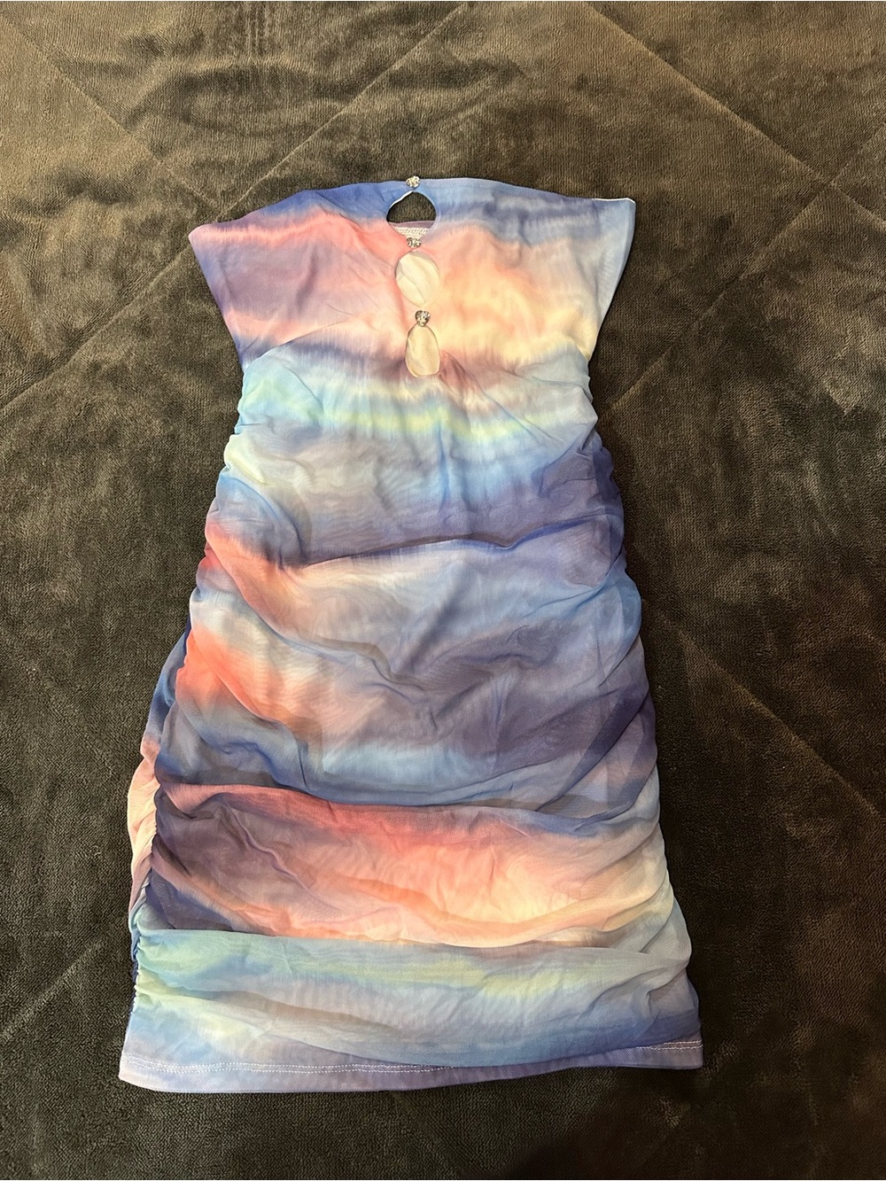 Strapless Ruched Dress in Blue, Pink and Purple